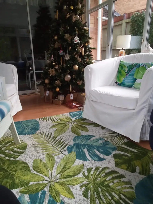 RugsDirect Online Funky Flair 105617 Tropical Leaves Turquoise Green Rug - Woven Rugs