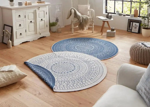 RugsDirect Online Plain/Nearly Plain Twin Reversible Circles Indoor Outdoor 103104 Blue Cream Rug - Woven Rugs