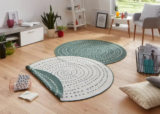 RugsDirect Online Plain/Nearly Plain Twin Reversible Circles Indoor Outdoor 103111 Green Cream Rug - Woven Rugs